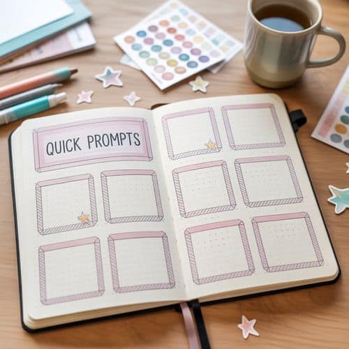 365 Journal Prompts For a Year 7 An open journal with quick prompts at the top and nine empty pastel boxes, surrounded by pens, stickers, a cup of coffee, and star-shaped decorations on a wooden desk—perfect for exploring journal prompts for a year.