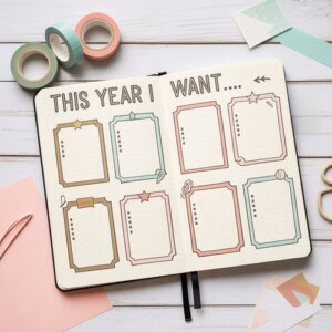 An open notebook displays a decorated page titled this year i want... With six empty, colorful boxes for new year journaling prompts. Washi tapes, paper, scissors, and craft supplies are scattered on a white wooden surface around it.