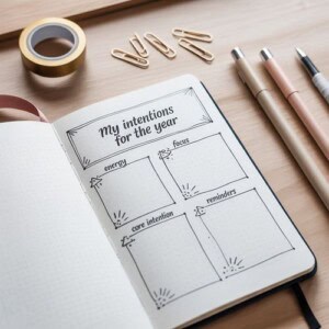 An open notebook with a page titled my intentions for the year is divided into energy, focus, core intention, and reminders—perfect to set intentions with your journal. Pens, paper clips, and washi tape are arranged nearby on a wooden surface.
