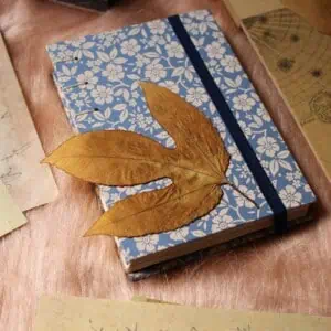 A blue floral-patterned notebook with a black elastic band lies on a pink surface. A large dried leaf rests on top, with scattered papers nearby—perfect for jotting down quick notes or pocket diary ideas.