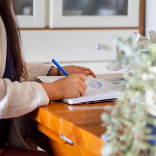 A person sits at a wooden table, practising stress relief journalling techniques by writing in a notebook with a blue pen. Only their hands and part of their torso are visible, with a blurred plant and white cupboard in the background.
