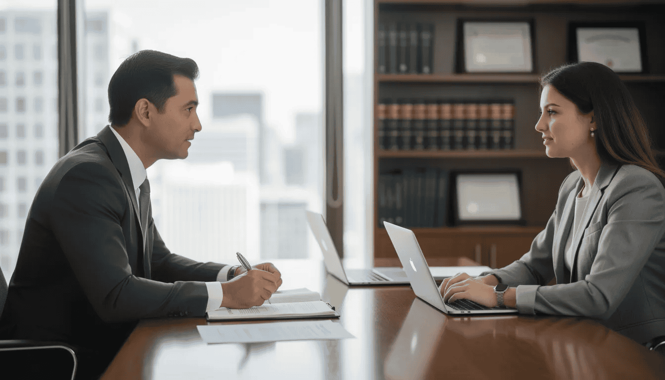 An attorney meets with a client in an office, discussing their suspended license and traffic violations. They review the client’s driving record and talk about options for getting the license restored.
