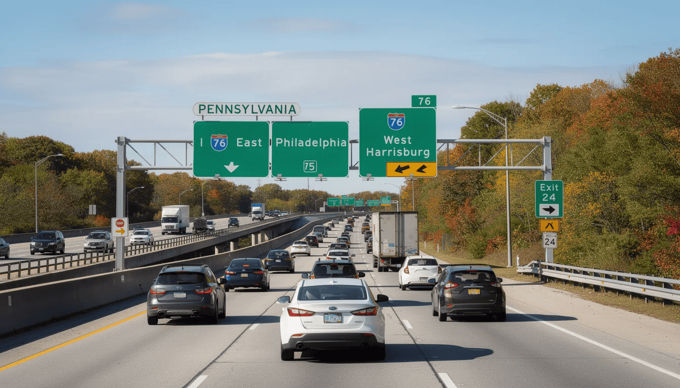 The image depicts a busy Pennsylvania highway featuring multiple road signs and several cars traveling in both directions. This scene highlights the importance of following traffic laws, as breaking them can lead to serious consequences like a suspended license or fines.