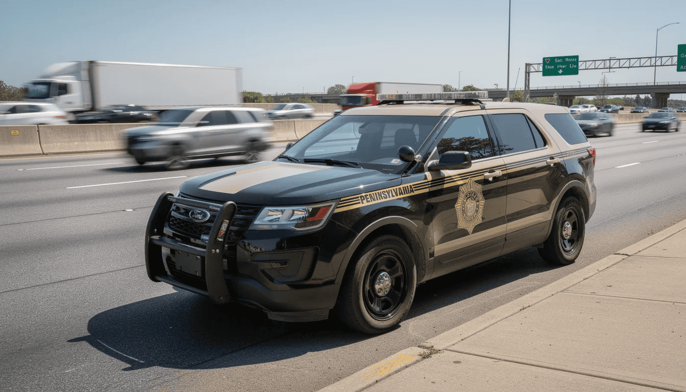 A Pennsylvania state trooper vehicle is parked on the shoulder of a busy highway, with traffic flowing past. The vehicle is likely involved in ensuring compliance with safety regulations for commercial motor vehicles, possibly conducting inspections or monitoring for traffic offenses.