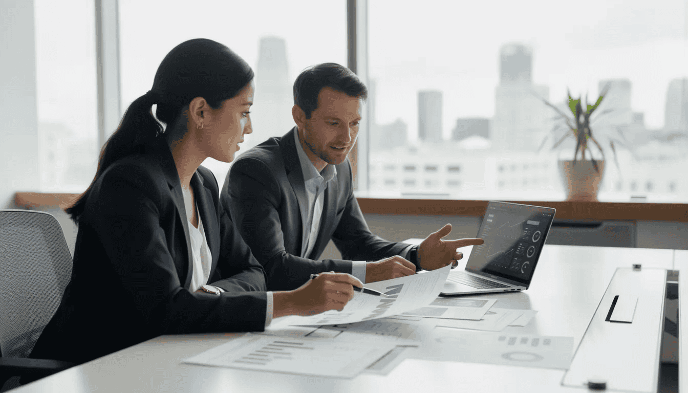 Two professionals discuss vehicle registration and traffic law at a desk with papers and a laptop.