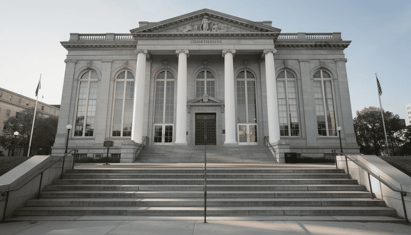 The image depicts the exterior of a courthouse building featuring grand stone steps leading up to the entrance, where law enforcement officers may be seen assisting individuals appearing in court for various traffic violations. This location is essential for those seeking legal representation, such as a traffic ticket lawyer, to navigate their traffic ticket cases.