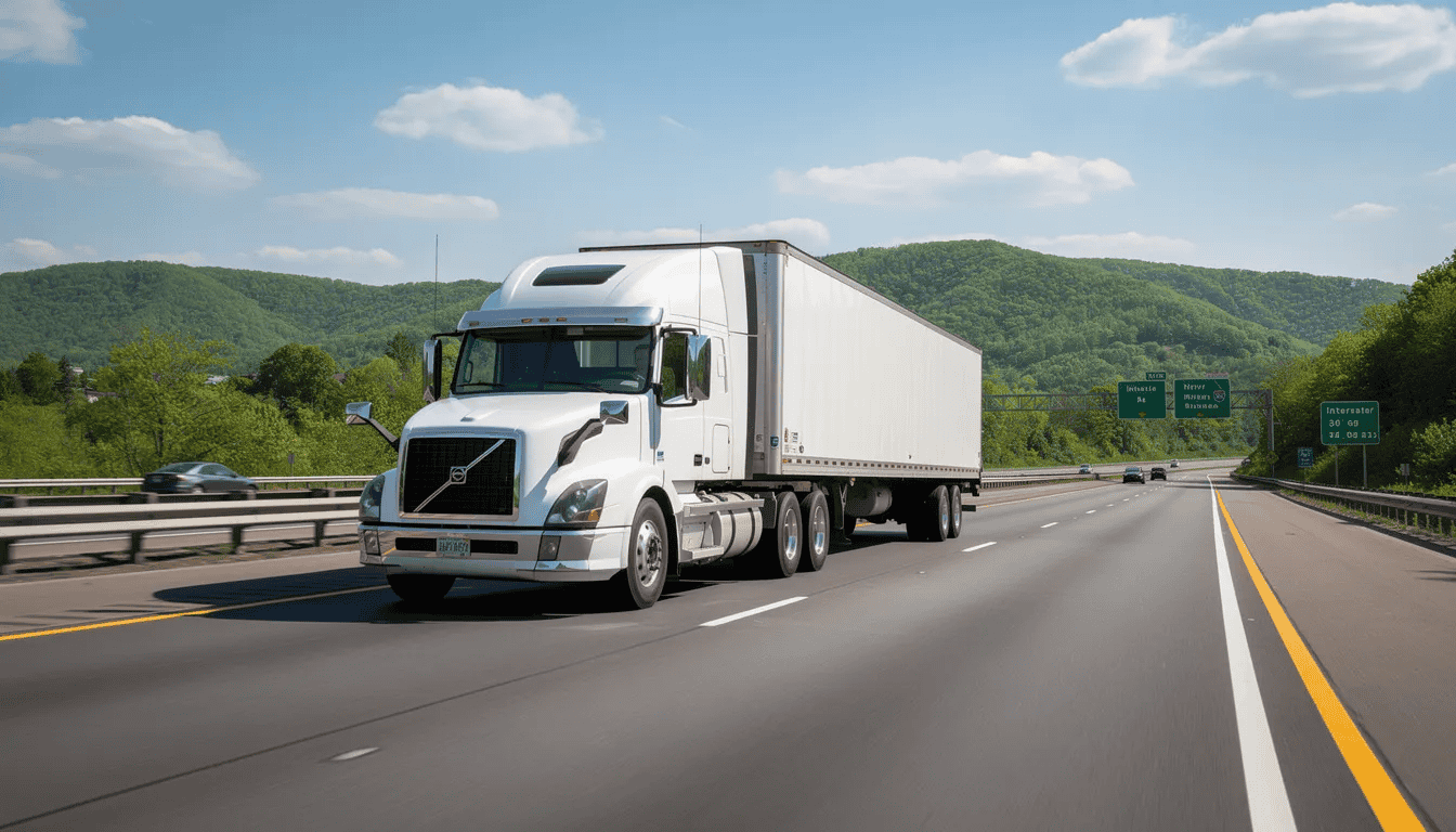 A commercial semi-truck is seen driving along a Pennsylvania interstate highway, showcasing the importance of vehicle compliance and safety inspections for commercial motor vehicles. The truck is in good working condition, adhering to regulations that ensure proper documentation and compliance with the Commercial Vehicle Safety Alliance standards.