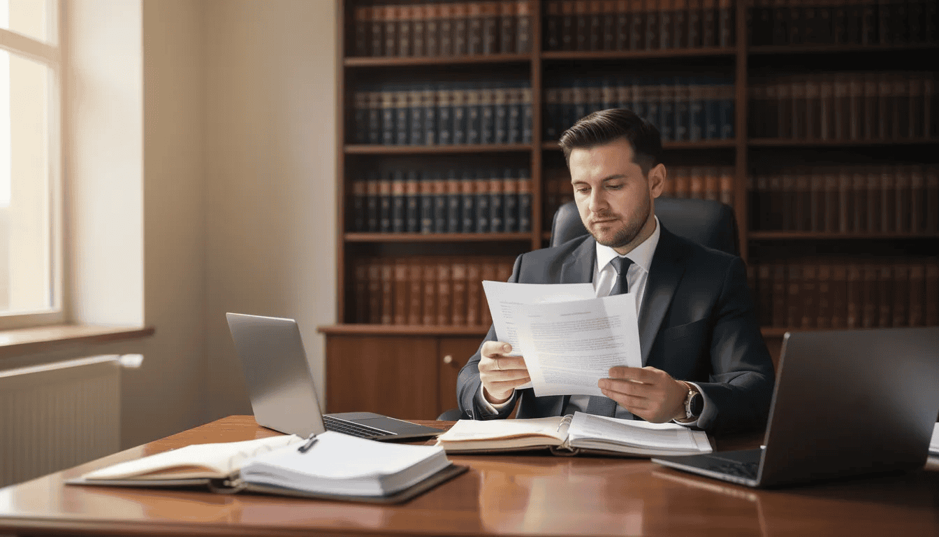 A lawyer is seated at a desk, meticulously reviewing legal documents with a stack of legal books in the background, emphasizing the importance of proper documentation and compliance in traffic law. The scene highlights the lawyer's focus on ensuring safety and adherence to regulations related to commercial motor vehicles and traffic offenses.