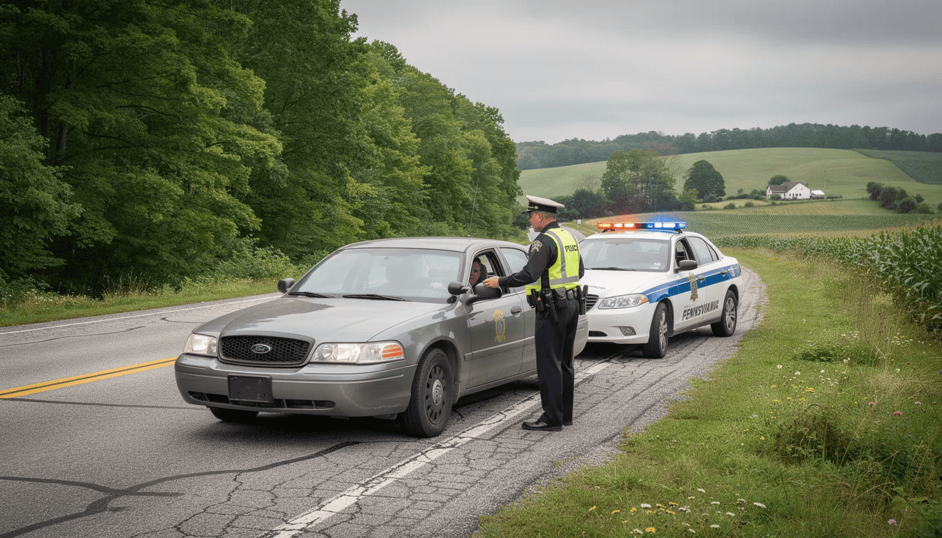 A police officer is conducting a traffic stop on a rural Pennsylvania highway, potentially issuing a traffic citation for a speeding violation. The scene reflects the law enforcement process, where drivers may face consequences such as increased insurance premiums or the need for legal representation in traffic court.
