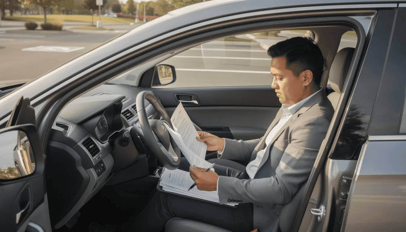 A person is sitting in a parked car, intently reviewing paperwork, likely related to a traffic ticket case or legal representation for a traffic violation. The scene suggests they may be preparing for a court date or gathering evidence to potentially have their ticket dismissed.