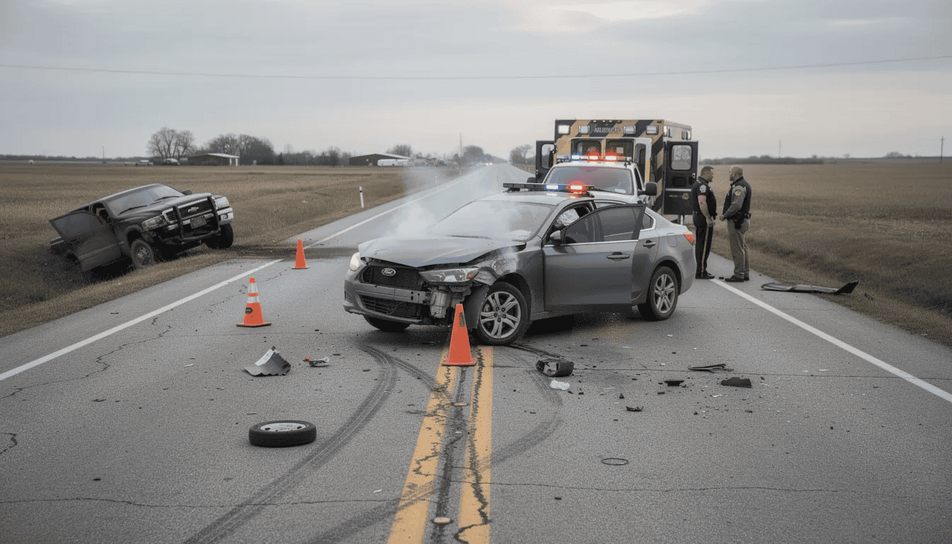 The image depicts a car accident scene on a rural highway, showing damaged vehicles and debris scattered across the road. This situation may lead to traffic violations and could require the assistance of a traffic ticket attorney for legal representation in court.