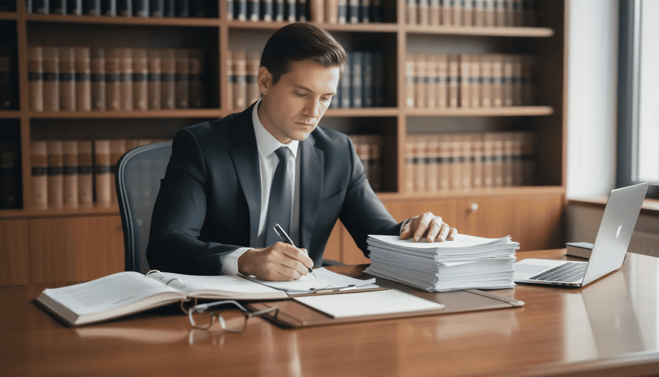A professional attorney is seated at a desk, intently reviewing legal documents related to traffic violations, such as speeding tickets and moving violation tickets. The image conveys a sense of diligence and expertise in navigating traffic law and providing legal representation for clients facing issues like reckless driving or suspended licenses.