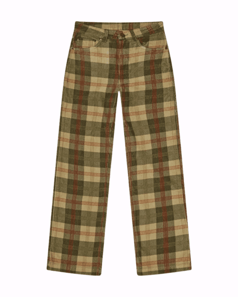 tartan corudroy trousers on an plain pastel pink background