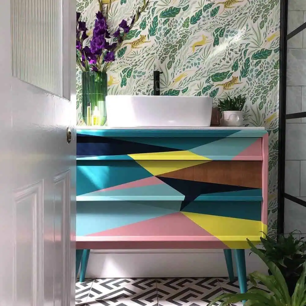 Multicoloured vanity unit. Colourful bathroom ideas