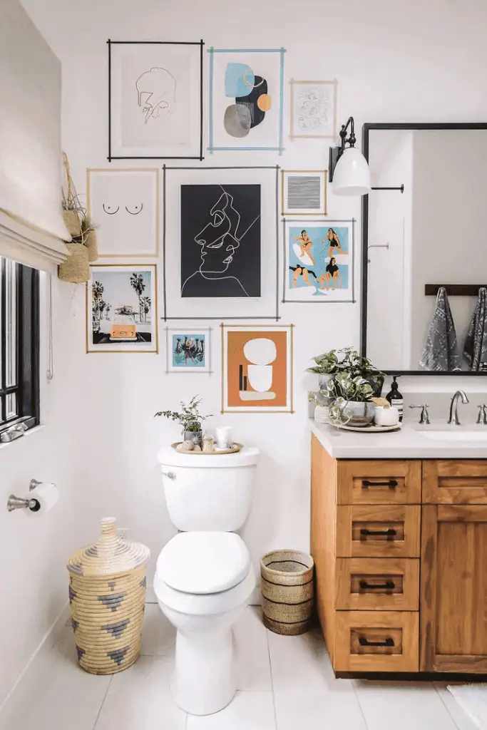 gallery wall in a bathroom. Colourful bathroom ideas