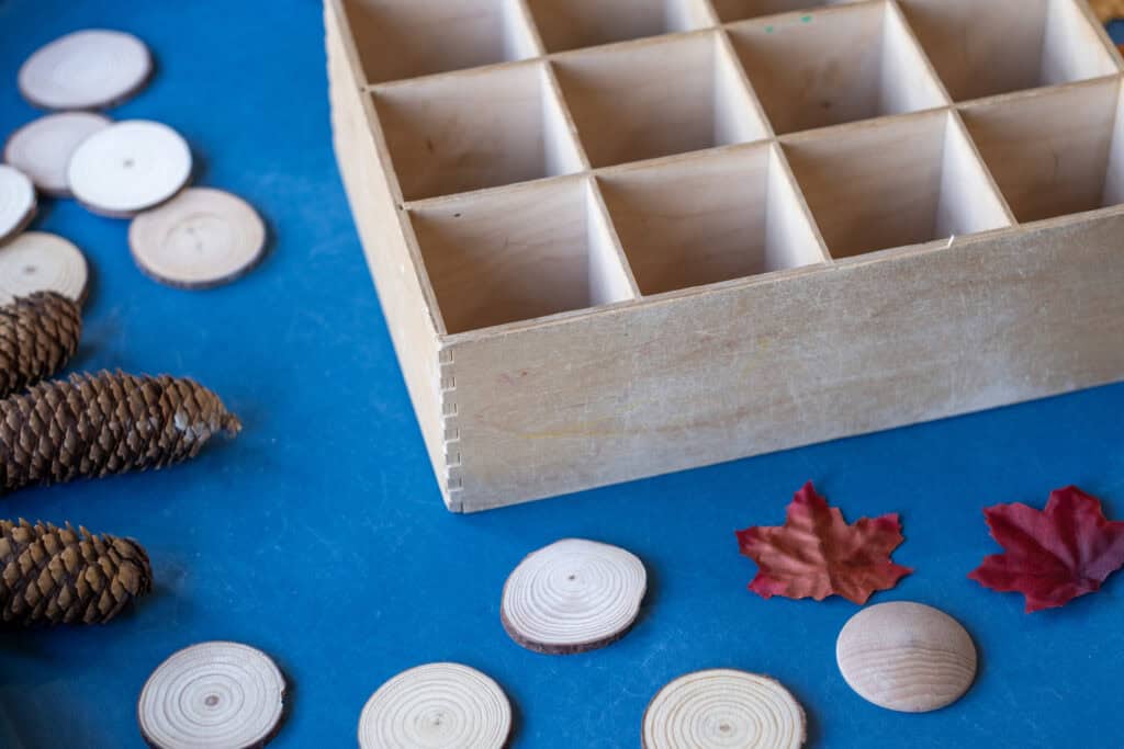 Brightly coloured wooden tree slices, pine cones, and autumn leaves on a blue background with an empty wooden sensory bin, ideal for early childhood education and sensory play at Thrive Childcare.