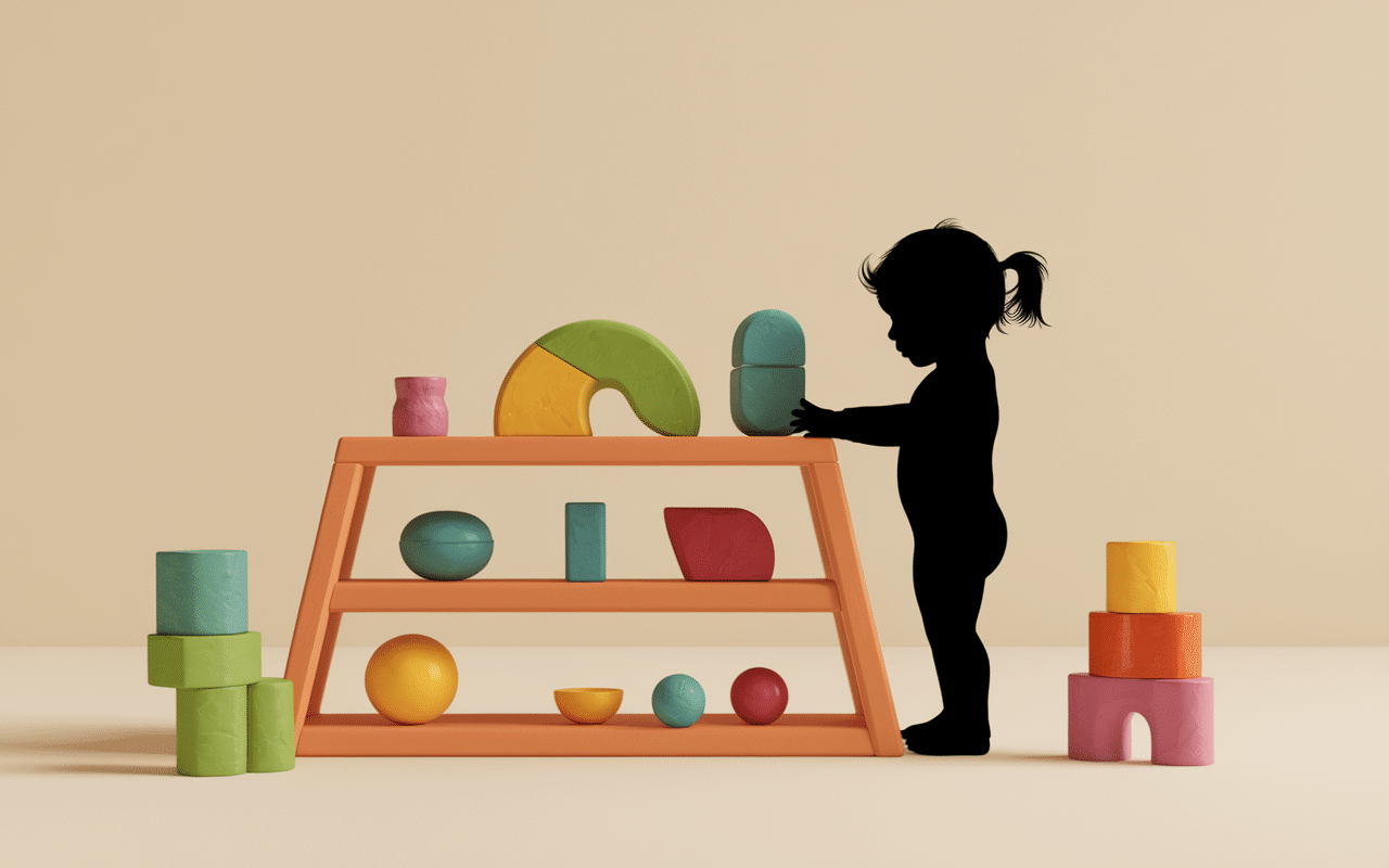 Enfant 4 ans essayant jeux montessori étagères objets sensoriels