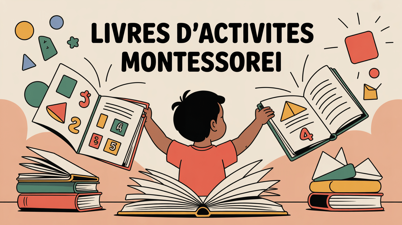 Enfant utilisant livre activité Montessori, ambiance colorée