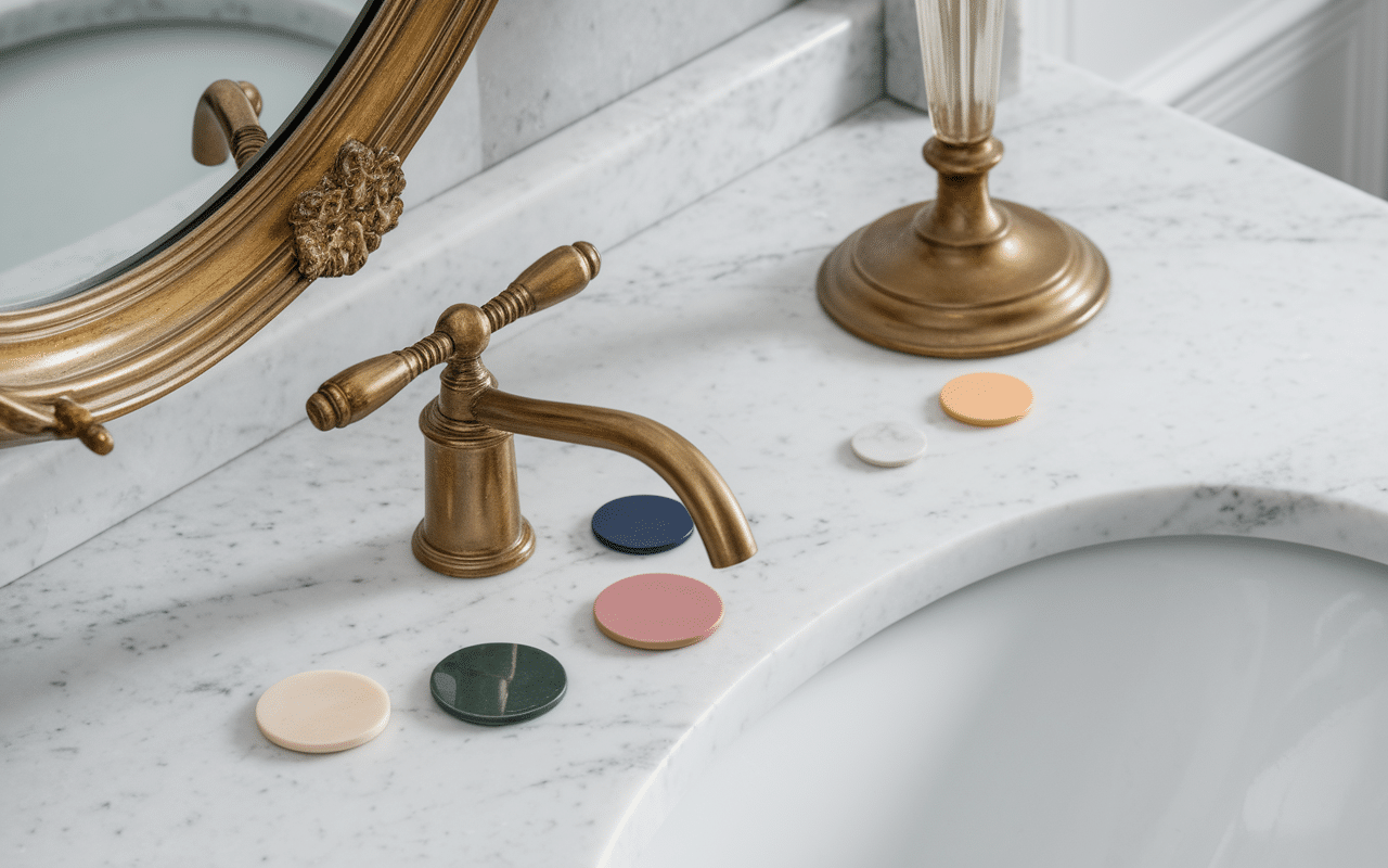 matériaux nobles o design marbre robinet doré tiroir premium