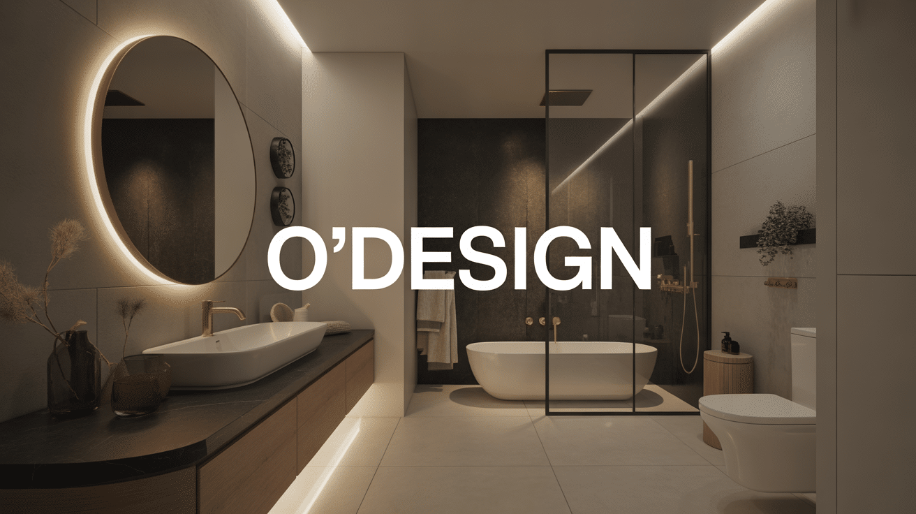 salle de bain o design moderne luxe avec meuble vasque et robinetterie dorée