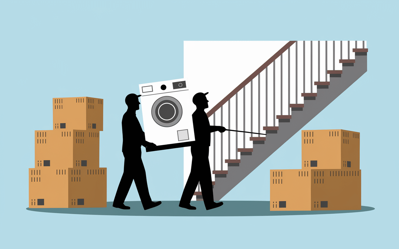 Déménageurs transportant machine à laver avec matériel