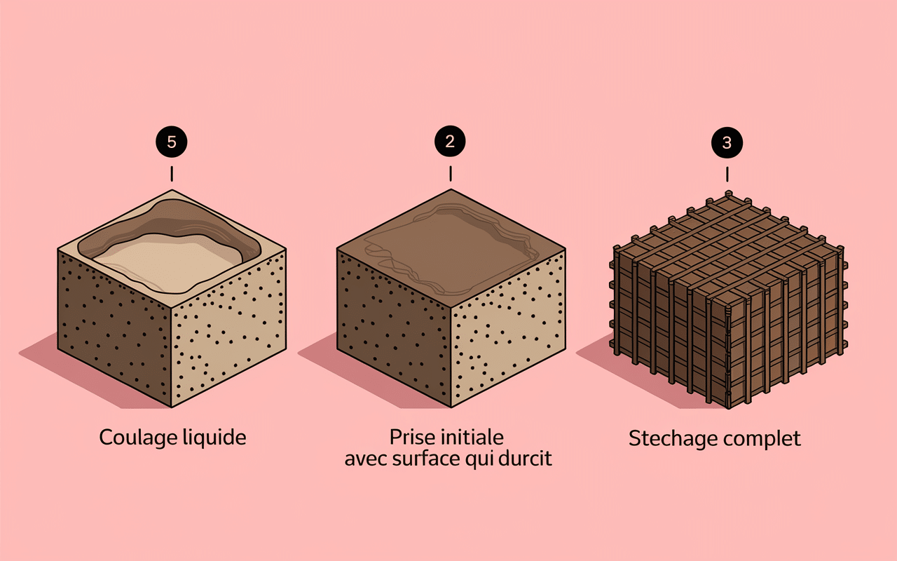 diagramme phases temps de sechage beton liquide durcissement complet