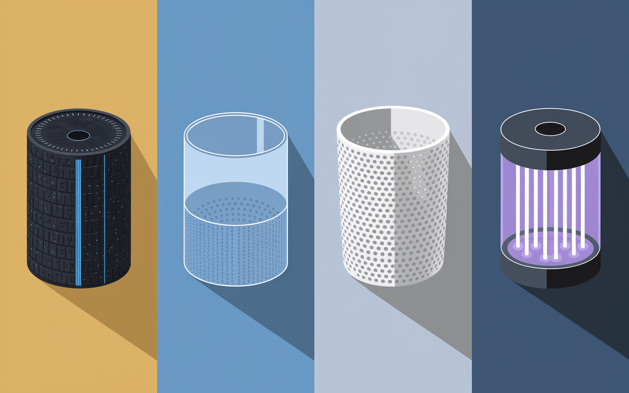 Illustration technique des types de filtre eau robinet charbon osmose ceramique uv