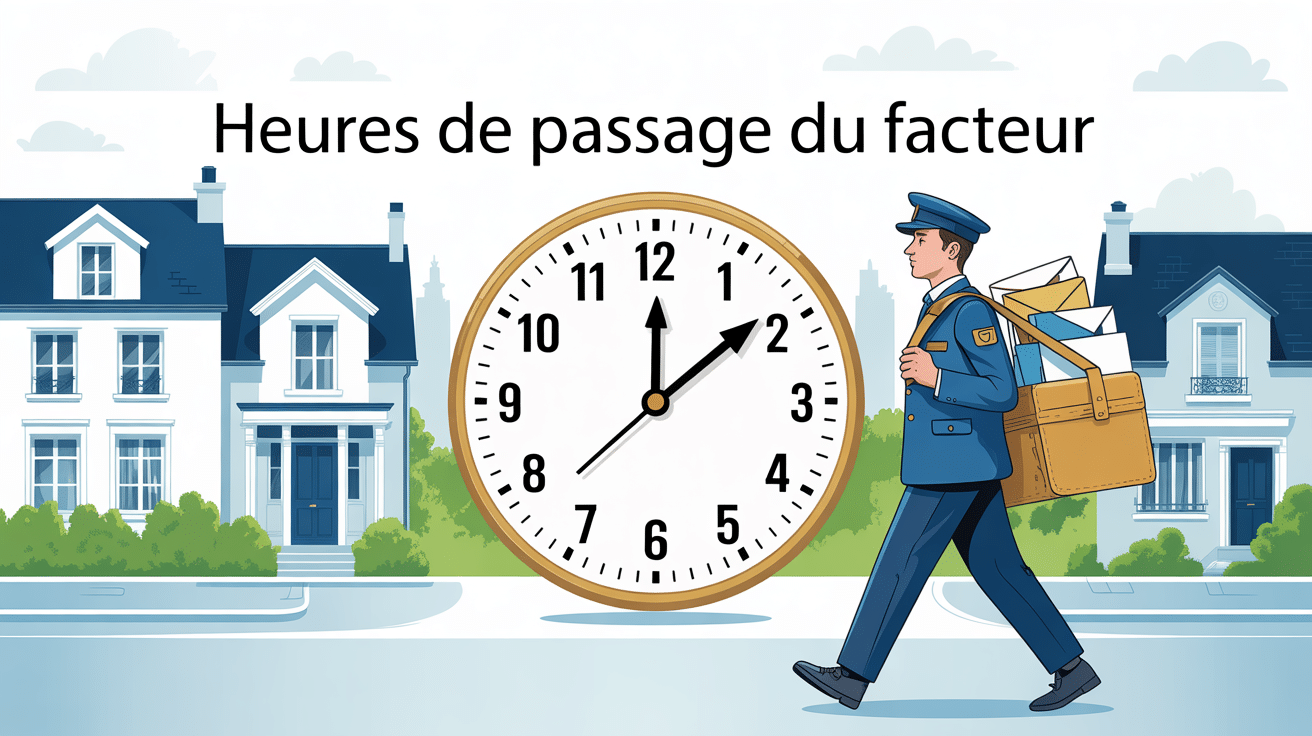 Facteur marchant avec sa sacoche, horloge géante et maisons