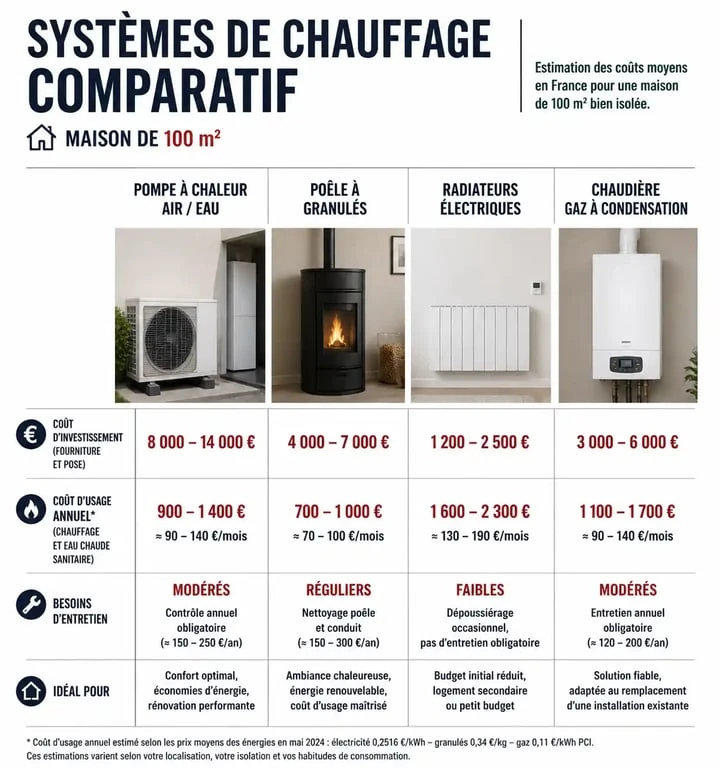 Comparatif des systèmes de chauffage pour une maison de 100m2 : coûts et entretien