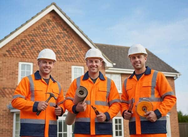 Three professional cleaners in bright green overalls standing confidently with cleaning equipment in modern home interior with gray walls