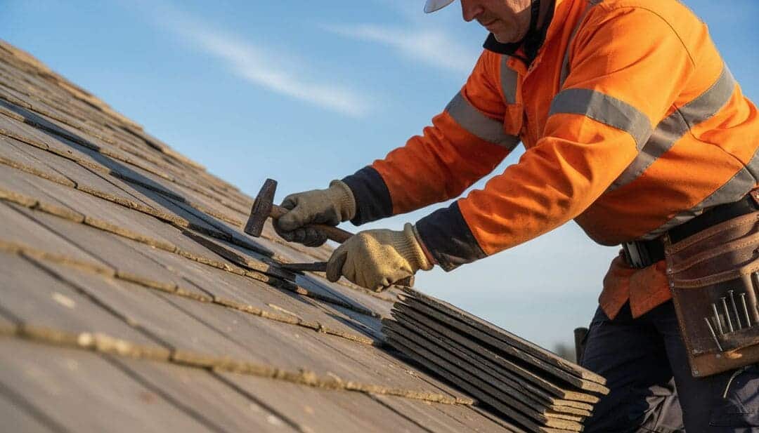 Three professional cleaners in green and red overalls working in a modern kitchen, mopping the floor, and cleaning high walls and windows.