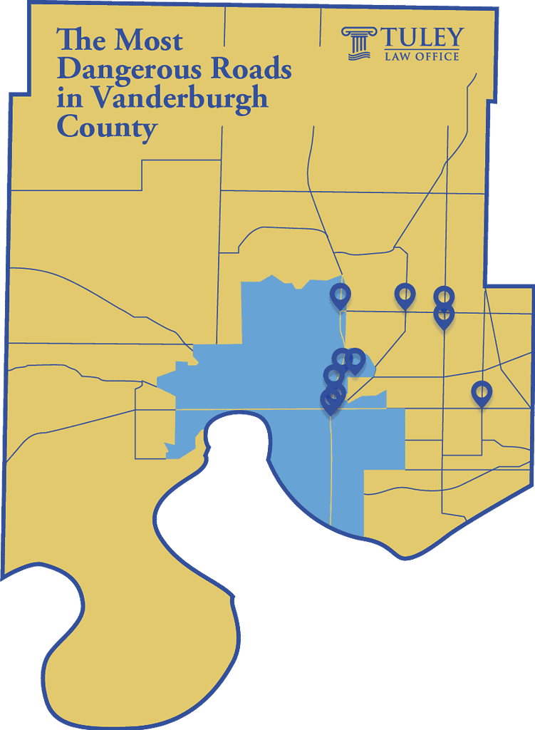 Dangerous Roads in Vanderburgh County With Pin Markers
