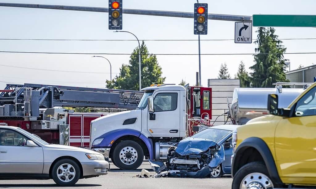 Damaged cars involved in a traffic collision with emergency response vehicle on the scene, illustrating the importance of legal assistance after auto accidents.