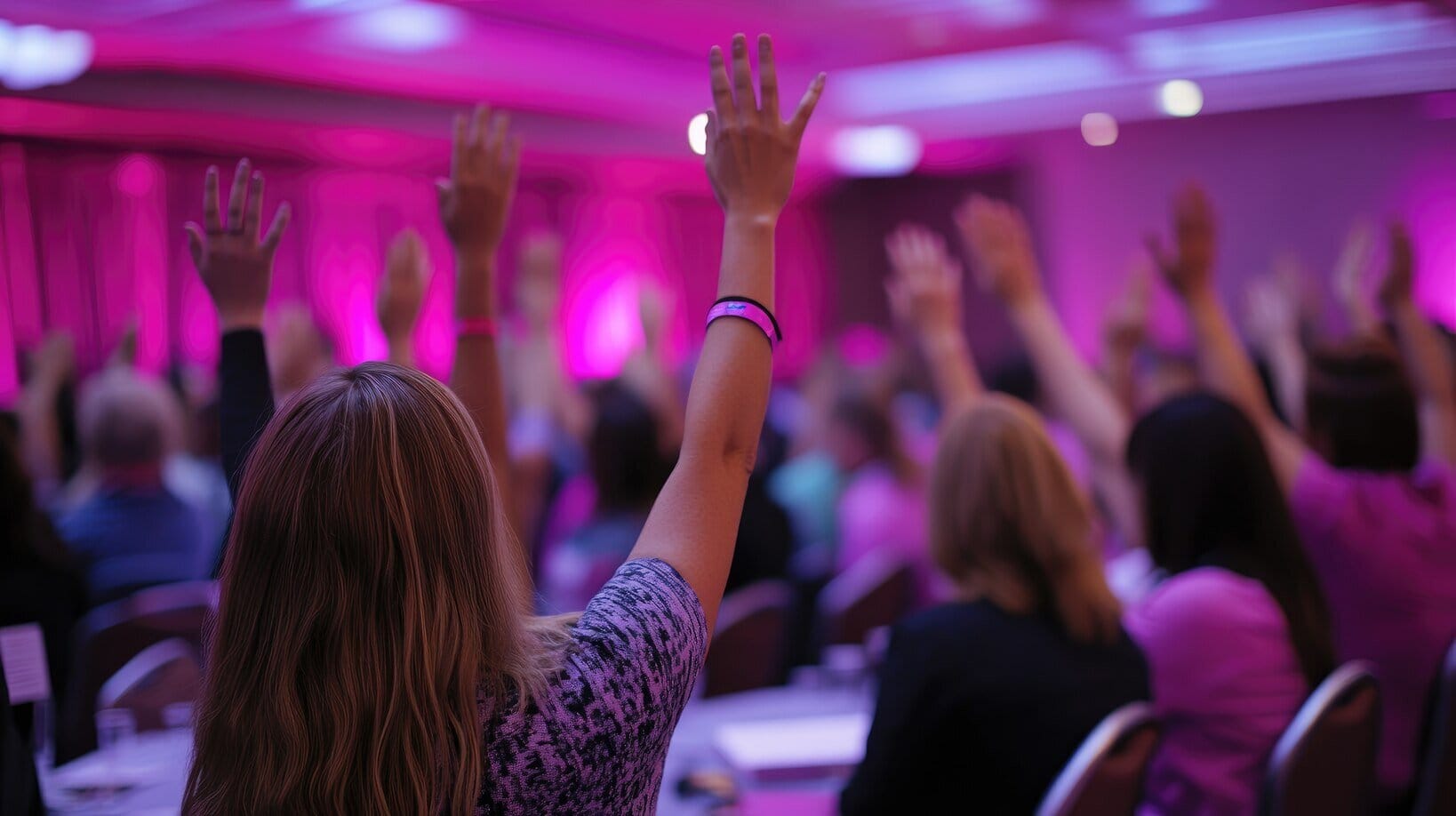 οπίσθια προοπτική των συμμετεχόντων που σηκώνουν τα χέρια σε ένα συνέδριο