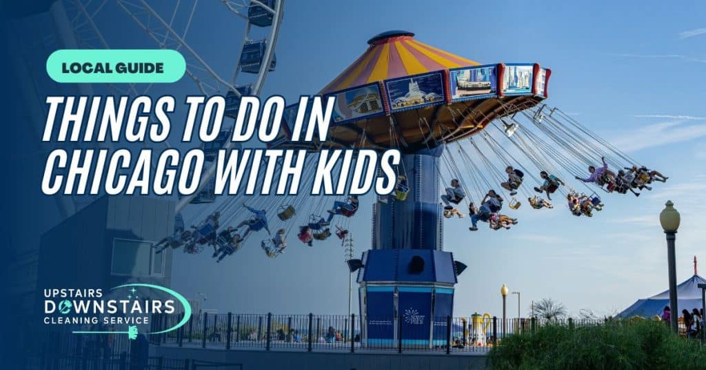 Children enjoying a swing ride at a Chicago amusement park with clear blue sky.