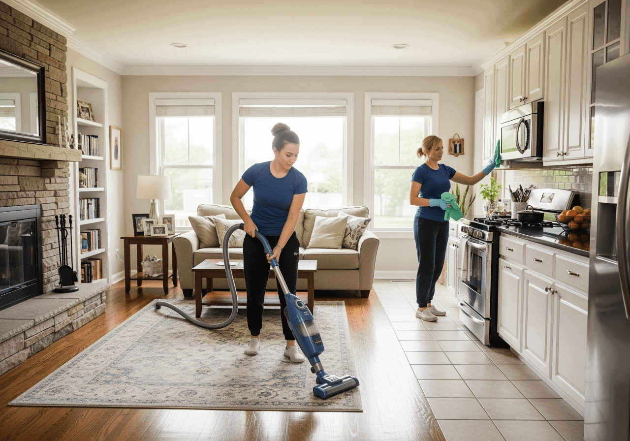 Buffalo Grove maids providing professional apartment cleaning, tidying and wiping down a kitchen to keep the space fresh and spotless.