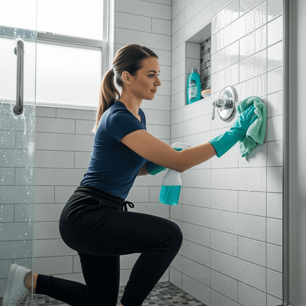 Woman cleaning shower wall with spray and cloth in bathroom.