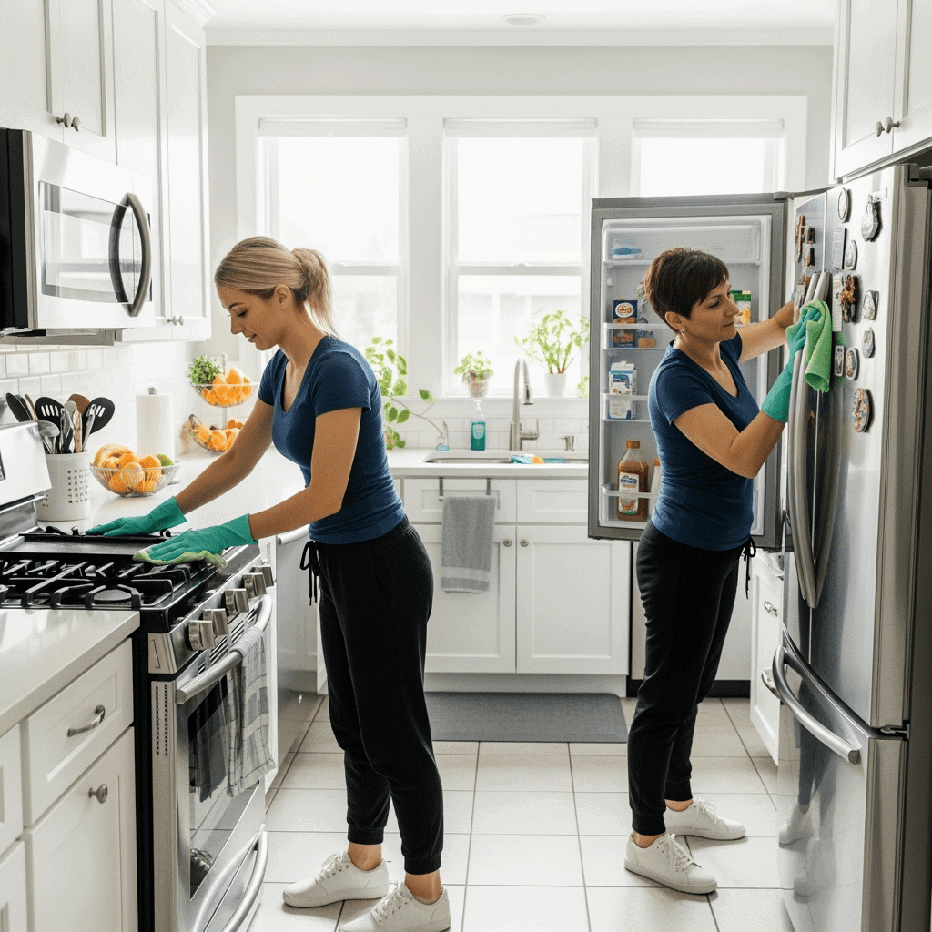 Professional kitchen cleaning service in action.