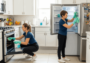a woman cleaning a refrigerator