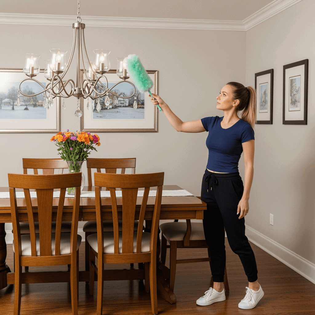 Woman cleaning chandelier in a dining room with a duster.