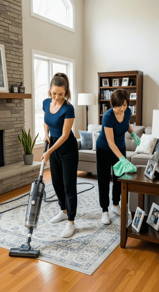 Living Room Cleaning – Two Maids Vacuuming and Dusting in Elmhurst - Upstairs Downstairs Cleaning Service Northwest Chicago maids cleaning a living room. One vacuums the floor while the other dusts surfaces, showing professional house cleaning service with attention to detail.
