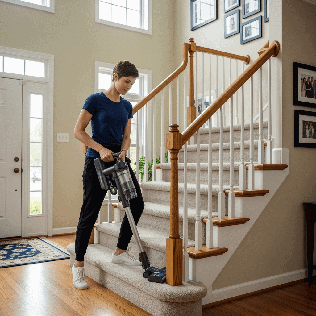 Deep Carpet Cleaning Service - Upstairs Downstairs Cleaning Service Professional carpet cleaning on staircase by Upstairs Downstairs Cleaning Service.