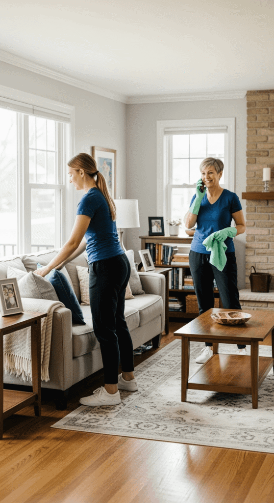 Recurring Housekeeping – Maid Cleaning While Teammate Confirms by Phone in Chicago Suburbs - Upstairs Downstairs Cleaning Service Two Polish women maids during recurring housekeeping in a suburban Chicago living room. One maid with tied-back hair is straightening pillows on the couch, while another maid with short hair is holding a phone to her ear with one hand and a mint green cloth in the other, as if confirming the schedule. The bright room has hardwood floors, a rug, and framed family photos.
