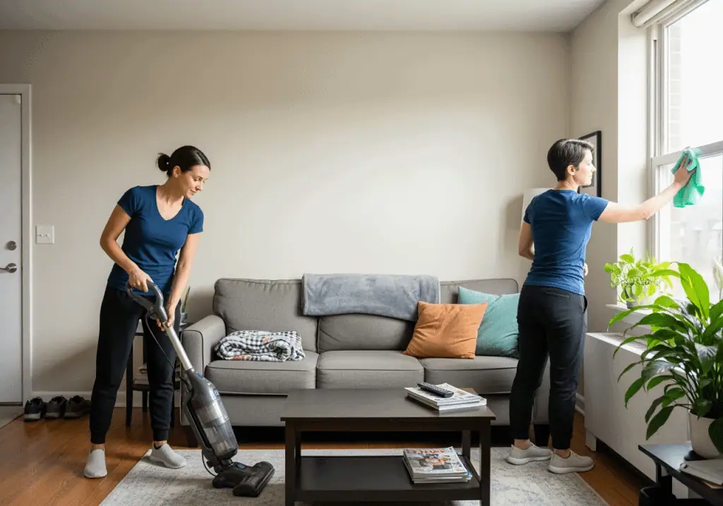 A woman vacuuming the living room while another woman wipes the window.