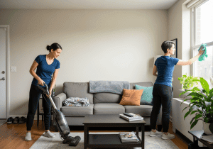 A woman vacuuming the living room while another woman wipes the window.