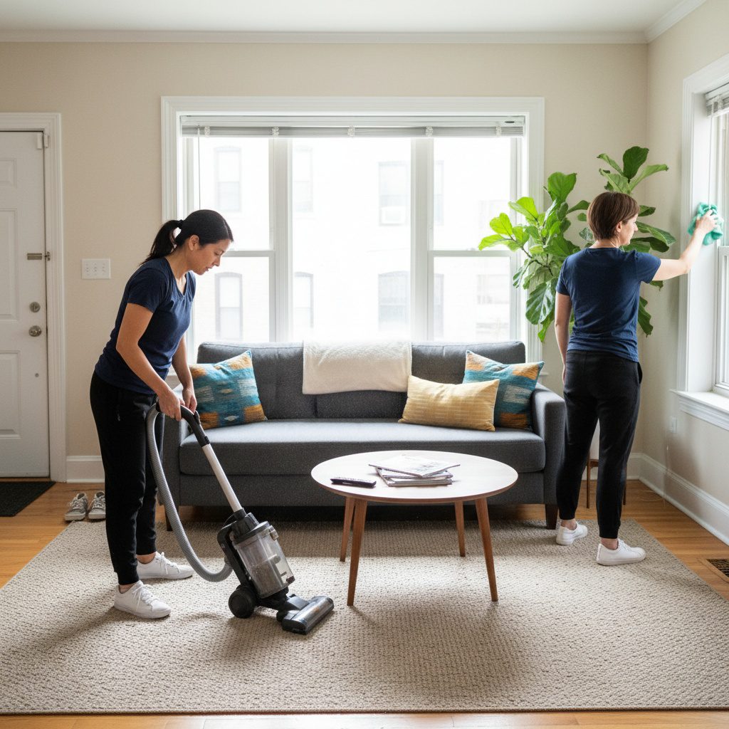 Apartment Living Room Cleaning Service in Chicago - Upstairs Downstairs Cleaning Service Chicago maids cleaning a lived-in apartment living room. One vacuums around the sofa while the other dusts the window sill with a mint green cloth. Everyday details like pillows, magazines, and a houseplant show a realistic home environment