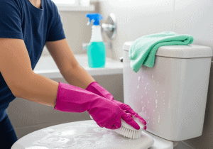 Palatine maid performing deep bathroom cleaning, scrubbing the toilet to ensure a sanitary, fresh, and spotless home environment.