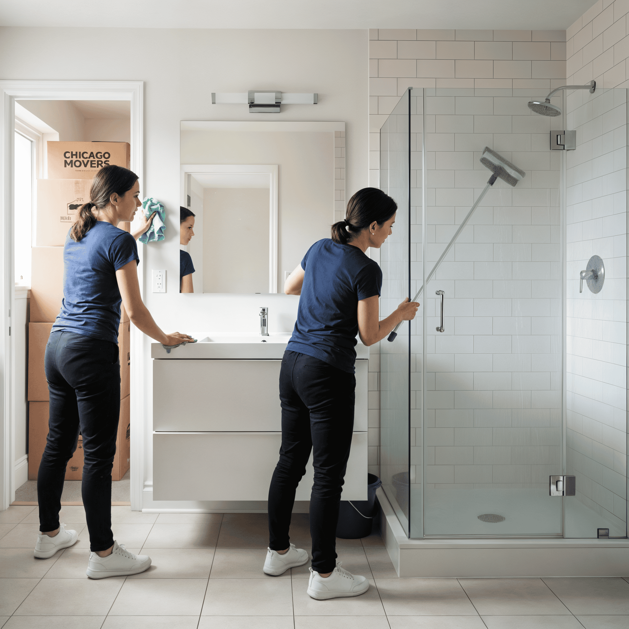 Professional cleaner disinfecting bathroom shower with cleaning tool.