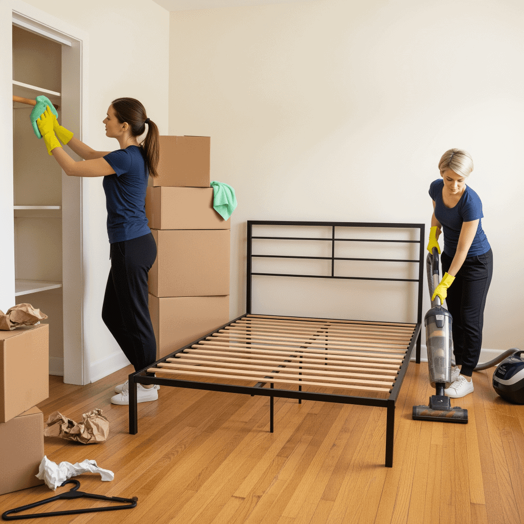 Move-Out Bedroom Cleaning Service in Chicagoland - Upstairs Downstairs Cleaning Service Two maids cleaning an empty suburban Chicago bedroom during a move-out. One wipes an empty closet shelf with a mint green cloth while the other vacuums hardwood floors near a bare bed frame and moving boxes.