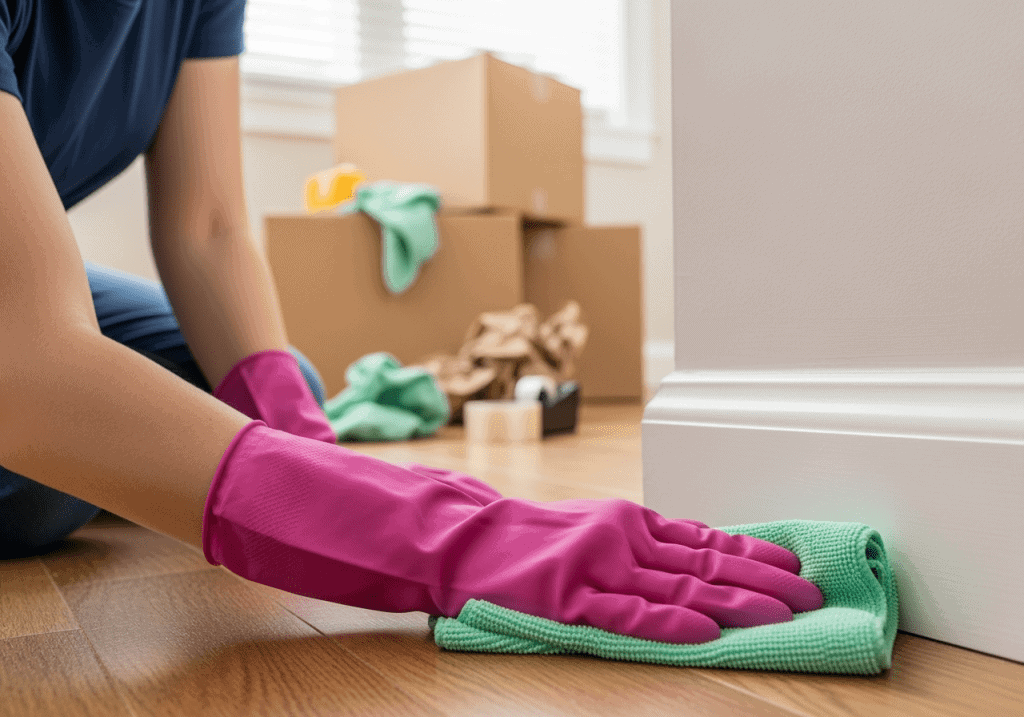 Person cleaning hardwood floor with green cloth, moving boxes in background.